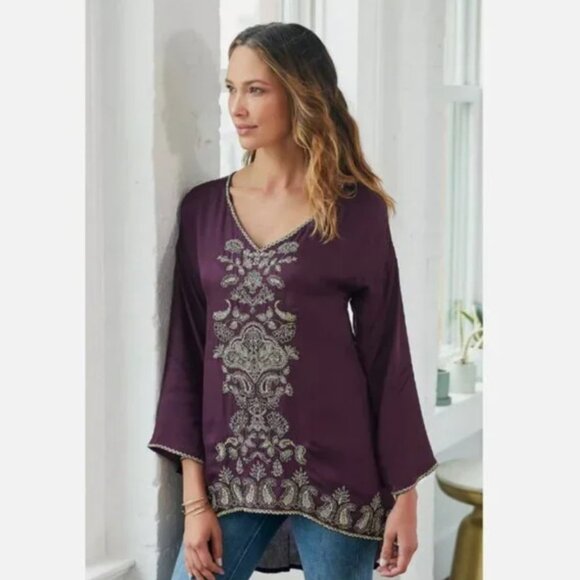 Soft Surroundings NWT Idaira purple embroidered V neck 3/4 sleeve tunic, M - Picture 1 of 8